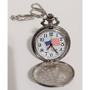 Vintage Xanadu USA Bald Eagle Flag Quartz Silver Tone Pocket Watch